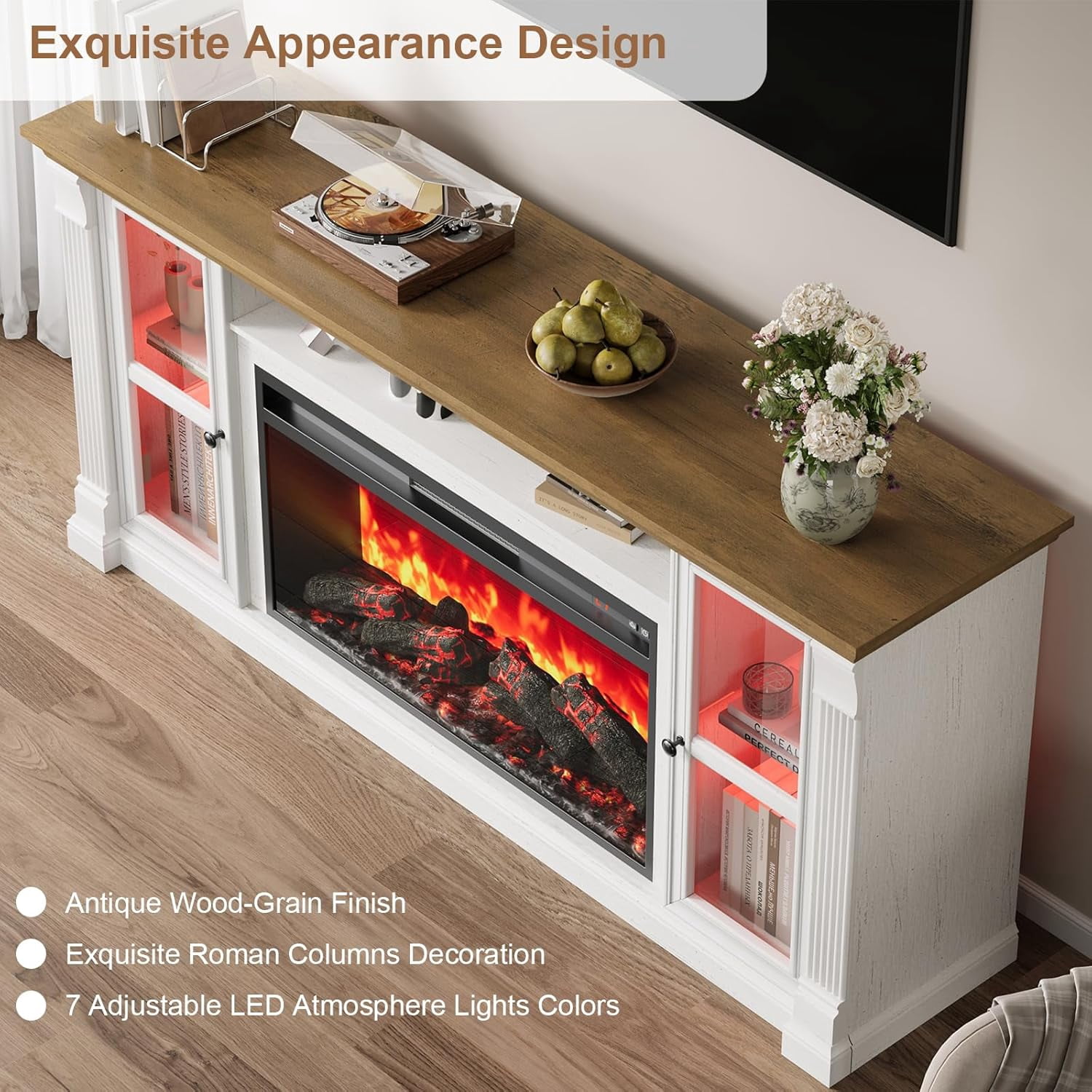 Vecenuy Farmhouse Fireplace TV Stand for 80" TVs, 70" Highboy Entertainment Center with 36" Electric Fireplace & LED Lights, Media Console with Adjustable Shelves for Living Room, Antique White