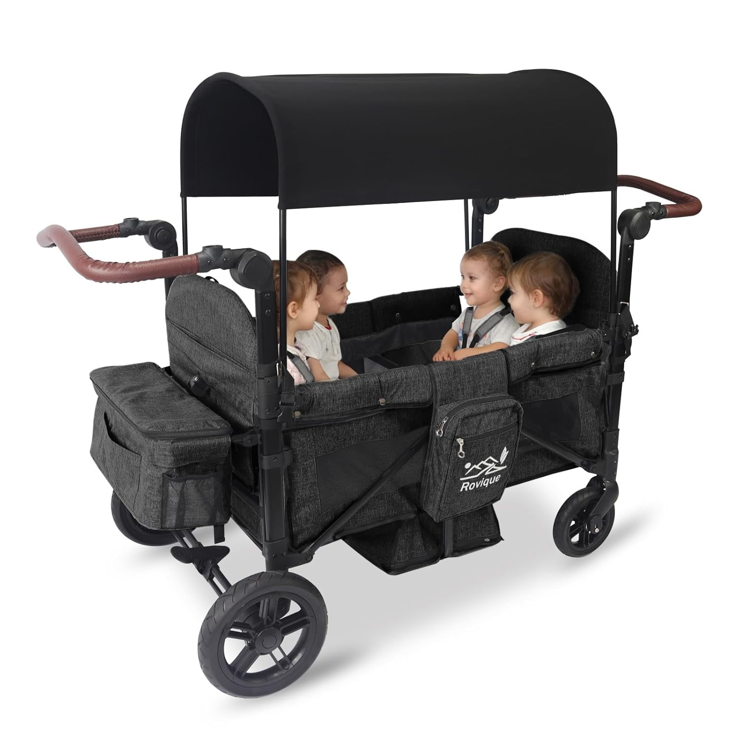 Rovique 4-Seater Foldable Wagon Stroller for Kids – All-Terrain Aluminum Push Wagon with Canopy, Snack Tray, Adjustable Handle, and Storage, Heavy-Duty Stroller for Park, Beach, Camping
