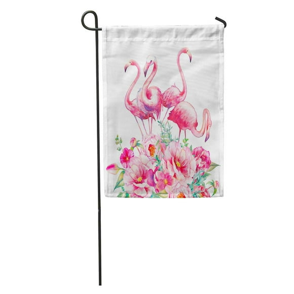 NUDECOR Watercolor Flamingo Peonies Hand Bright Exotic Birds Standing on Flowers Garden Flag Decorative Flag House Banner 12x18 inch
