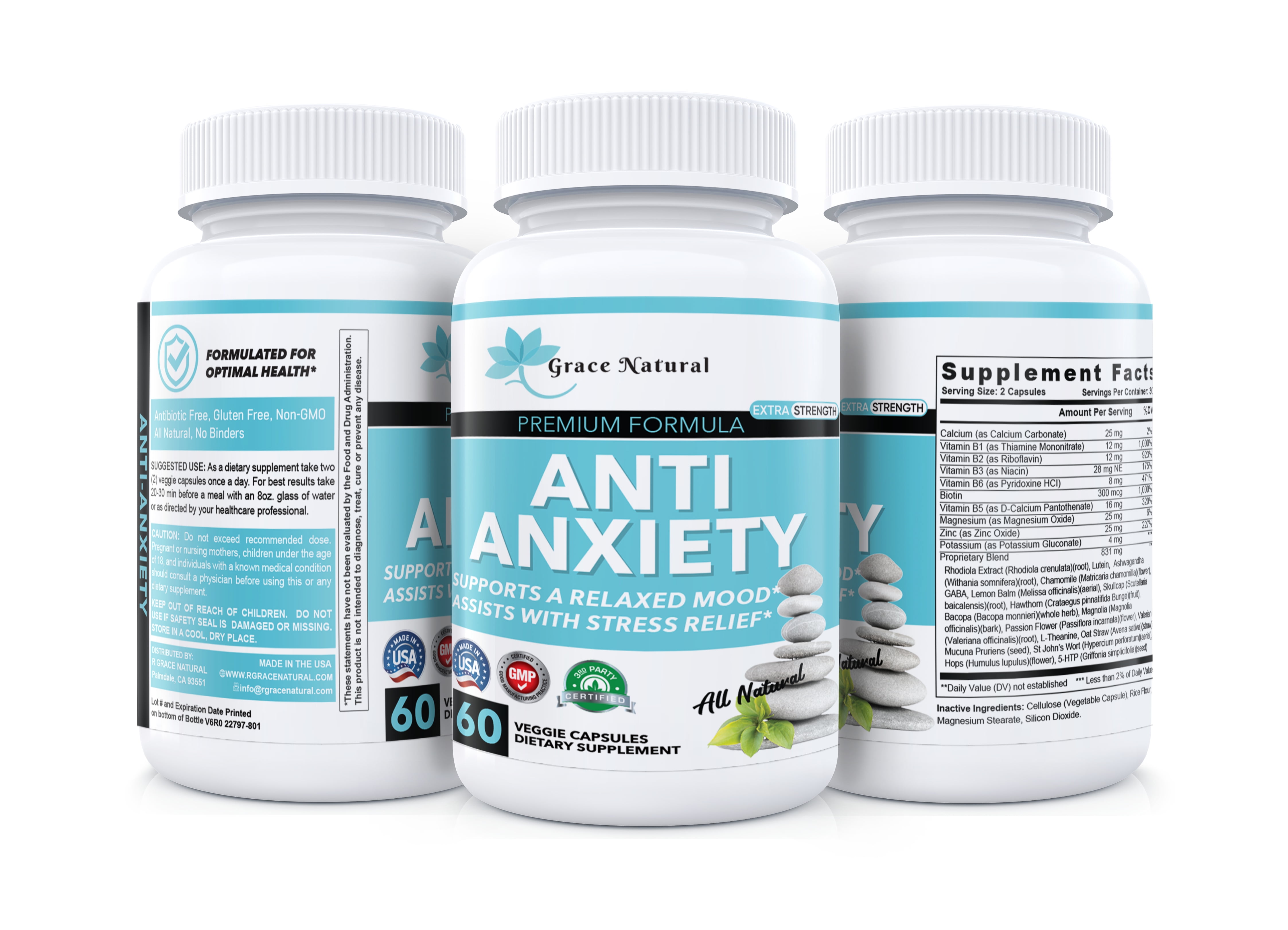 Anti Anxiety Supports Relaxed Mood Assists With Stress Relief All Natural 60 Veggie Capsules Dietary Supplement Made In USA Anti Anxiety Supports Relaxed Mood Assists With Stress Relief All Natural 60 Veggie Capsules Dietary Supplement Made In USA