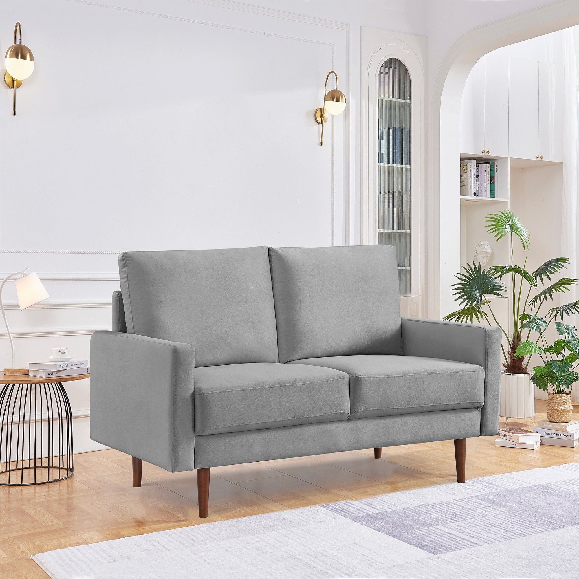 Lovelock 57" Mid-Century Modern Sofa Couch, Velvety Smooth Upholstered Loveseat with Wooden Legs, Suitable for Apartment, Dorm, Bedroom, Grey