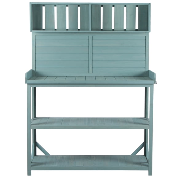 65" Rustic Wooden Farmhouse Outdoor Potting Bench, Patio Garden Workstation with 4 Storage Shelves & Side Hooks, Green