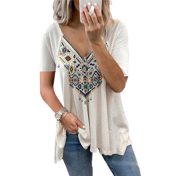 Puntoco Mujeres Casual Retro Occidental Impresión Azteca Manga Corta Étnico Cuello en V Cremallera Camisetas tops Puntoco Puntoco-3392
