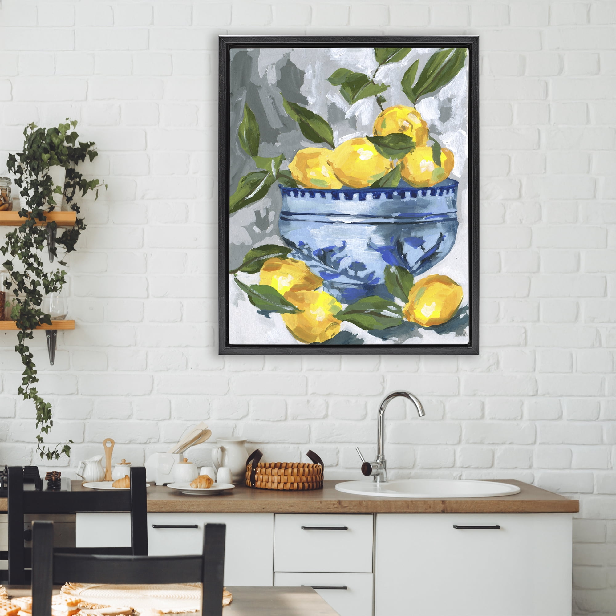 Stupell Industries Indigo & Lemon Bowl Black Framed Floater Canvas Wall Art, design by Melissa Wang