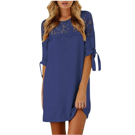 

Dresses for Women 2022 Wedding Dress Women Summer Fashion Casual Crew Neck Half Sleeve Bandage Pure Lace Patchwork Loose Fit Dress Sundresses for Women Mother of The Bride Dresses Blue 2XL