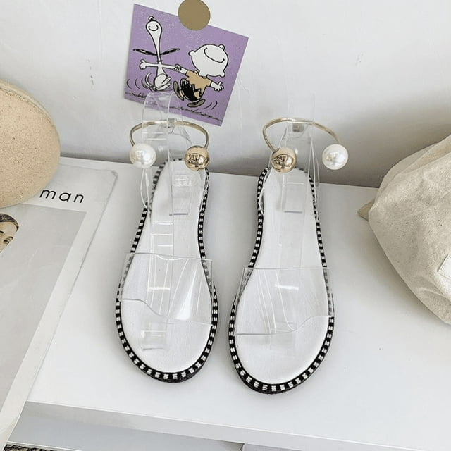 Pearl Clasp Open Toe Flat Roman Sandals Shoes for Women Girls