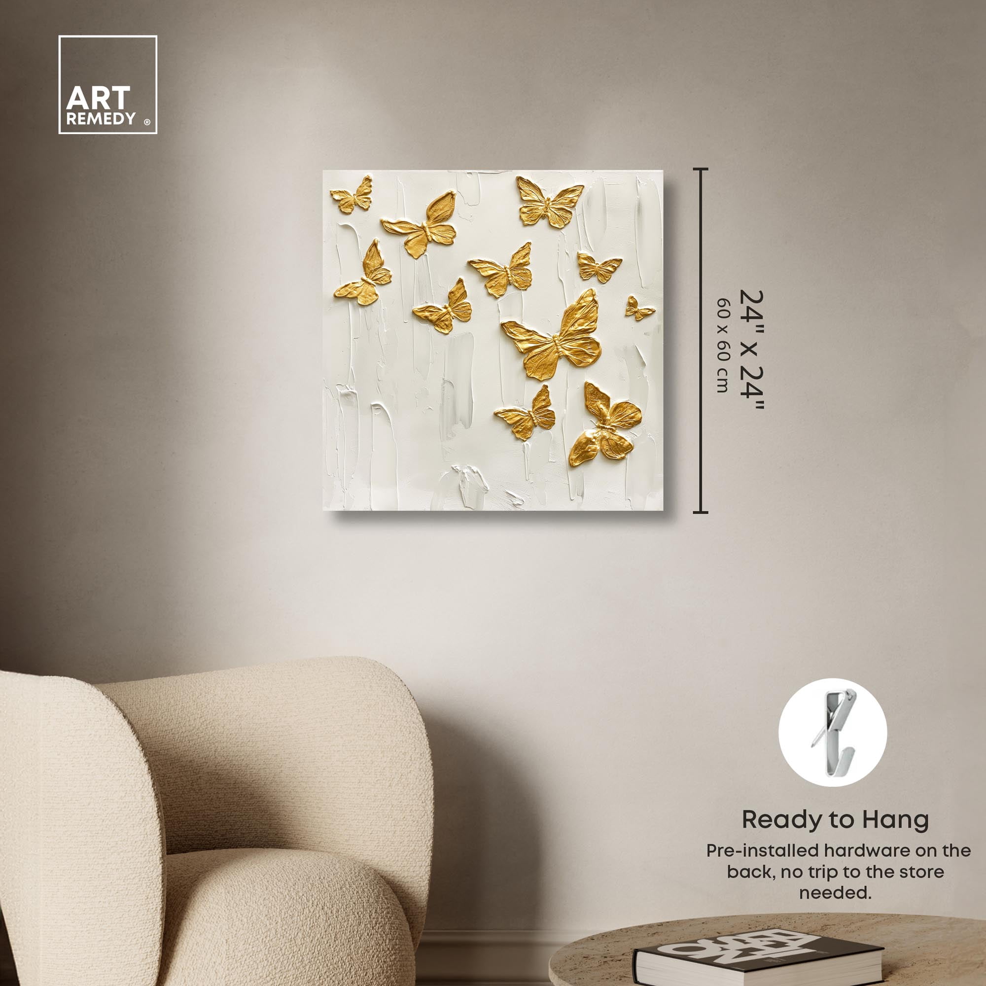 Mariposas A Volar Canvas Elegant White Gold Wall Art by Art Remedy, Gallery Wrapped, 24" x 24"