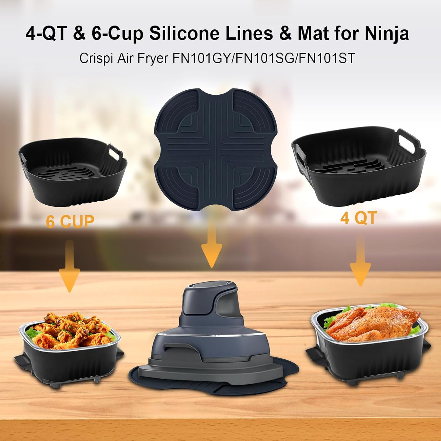 JJEAN-Silicone Heat Resistant Mat for Ninja Crispi,2Pc Silicone Air Fryer Liners for Ninja Crispi 4-QT&6-Cup Container Compatible with FN101GY/FN101SG/FN101ST,Reusable Air Fryer Accessories for Ninja
