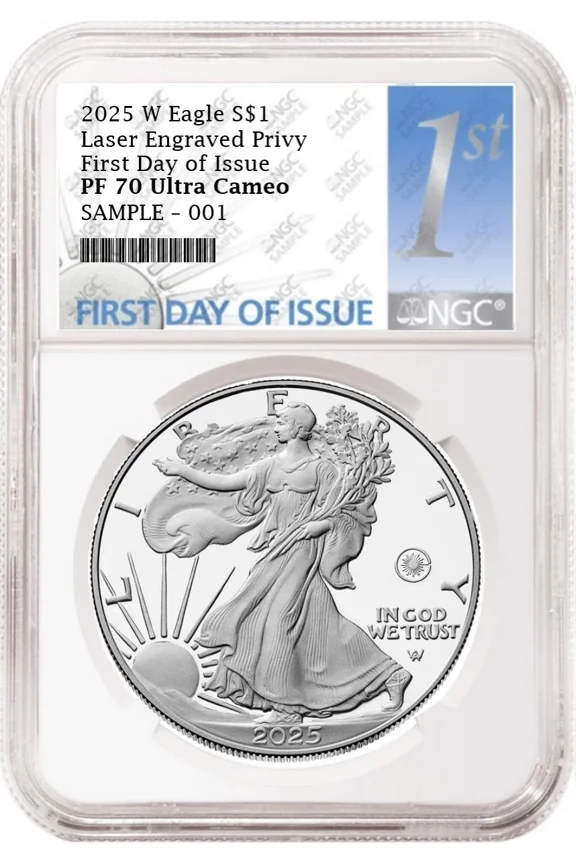 US Mint, 2025 W Laser Engraved Privy Proof Silver Eagle, NGC PF70 Ultra Cameo, First Day of Issue, 1st Day Label
