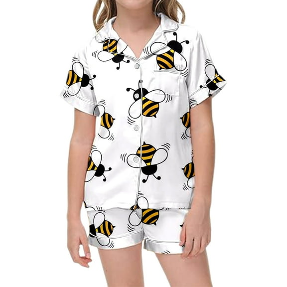 Hienoo Toddler Girls Pajamas Cartoon Bee Prints Short Sleeved Sleepwear Set Kids Homewear Outfits