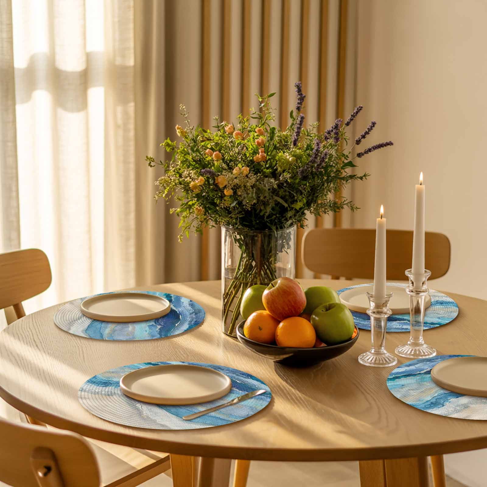 Round Woven Placemats set of 4, Blue Coastal Beach Washable&Heat Resistant Plastic Wipeable Placemats for Round Table Abstract Watercolor Oceans Waves Kitchen Dining Table Decor, 13in,