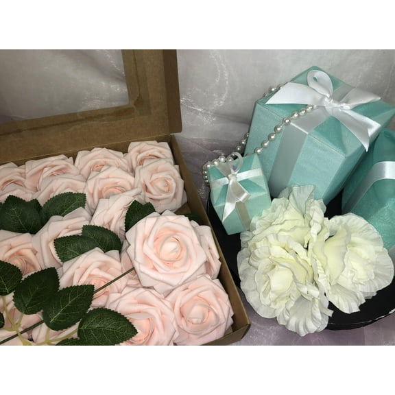 Artificial Flowers Blush Roses 25pcs Real Looking Fake W/Stem Rose Head Wedding