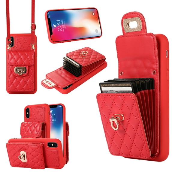 Wallet Case Designed for iPhone XS, iPhone X, with 6 Card Holder Slots RFID Blocking Shoulder Wallet Case Crossbody Strap Shockproof Leather Kickstand Phone Case For iPhone X/XS, Red