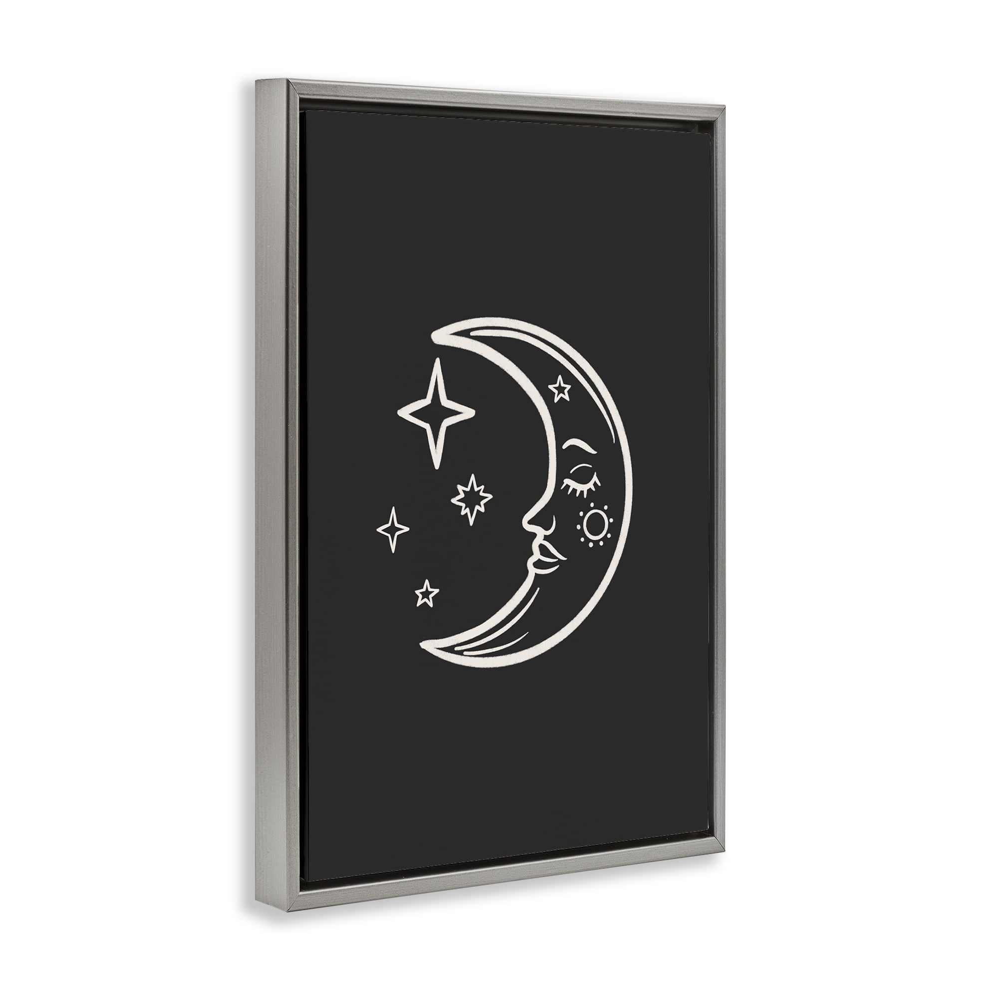 Stupell Industries Moon & Stars on Black Astrology & Stars Painting Gray Floater Framed Canvas Art Print Wall Art, 21 x 31
