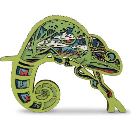 3D Wooden Animals Carving, Chameleon Decor Multi-Layered Wood Carved Animal Statues Wall Hanging Figurines Forest Sculpture Silhouette Ornament Art for Living Room Bedroom Office for Birthday Gifts