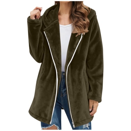 safuny Womens Zip Up Jacket with Pockets Oversized Long Hoodie Fuzzy Fleece Jackets Winter Warm Coat Army Green _e XXXL