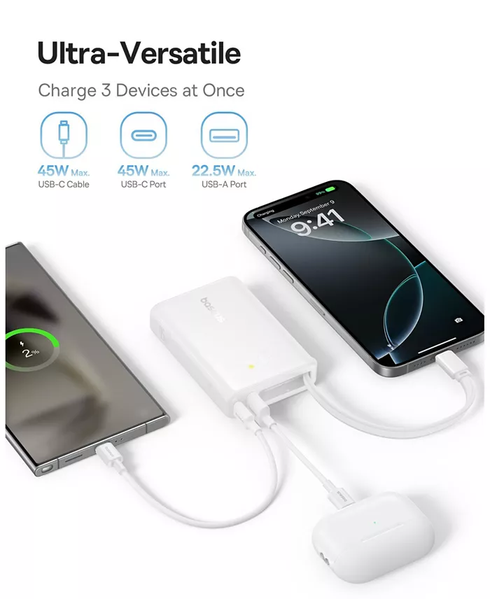 Baseus 10000mAh Power Bank,45W Portable Charger with Built-in USB-C Cable 3-Output LED Display, Fast Charging External Battery Pack Picogo Powerbank, White