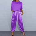 thumbnail image 3 of Quixlent 2 Pcs/Set Women Top Pants Suit Satin Smooth Surface Half Sleeves O Neck Loose T-shirt Lace-up Pure Color Trouser with Pockets Lady Casual Pantsuit, 3 of 8