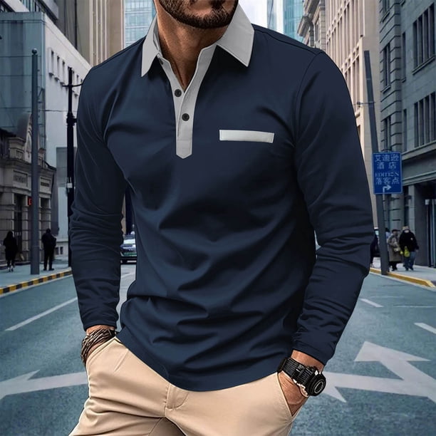pstuiky camisas de manga larga para hombre, Camisa informal de manga larga para hombre, color liso, con cuello vuelto, escote en V y botones top de hombre s