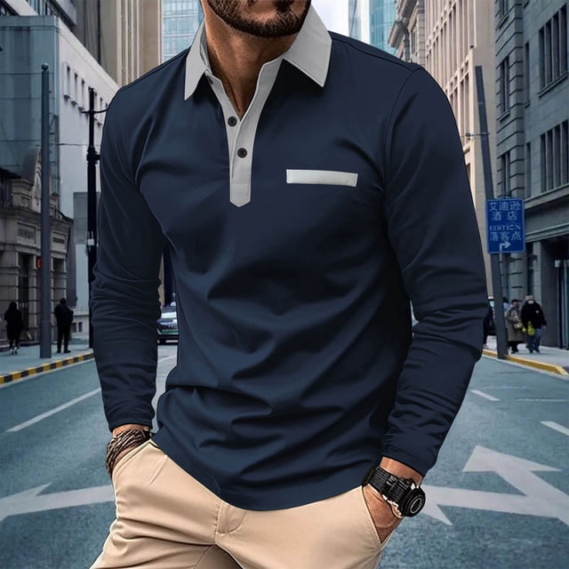 Blusa y camisa de manga larga con cuello vuelto para hombre, informal, lisa, de manga larga, con cuello vuelto, escote en V y botones, de poliéster