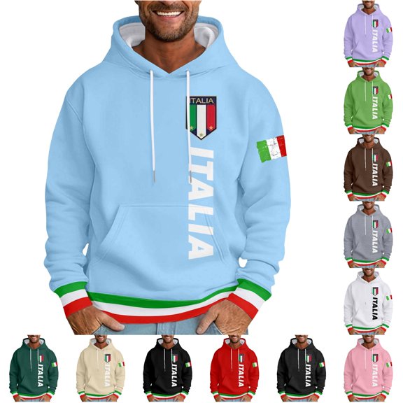 XIAOCHA Men's Drawstring Hoodie Italia Flag Graphic Long Sleeve Pullover Top, Light Blue, Sizes XXXXXXL