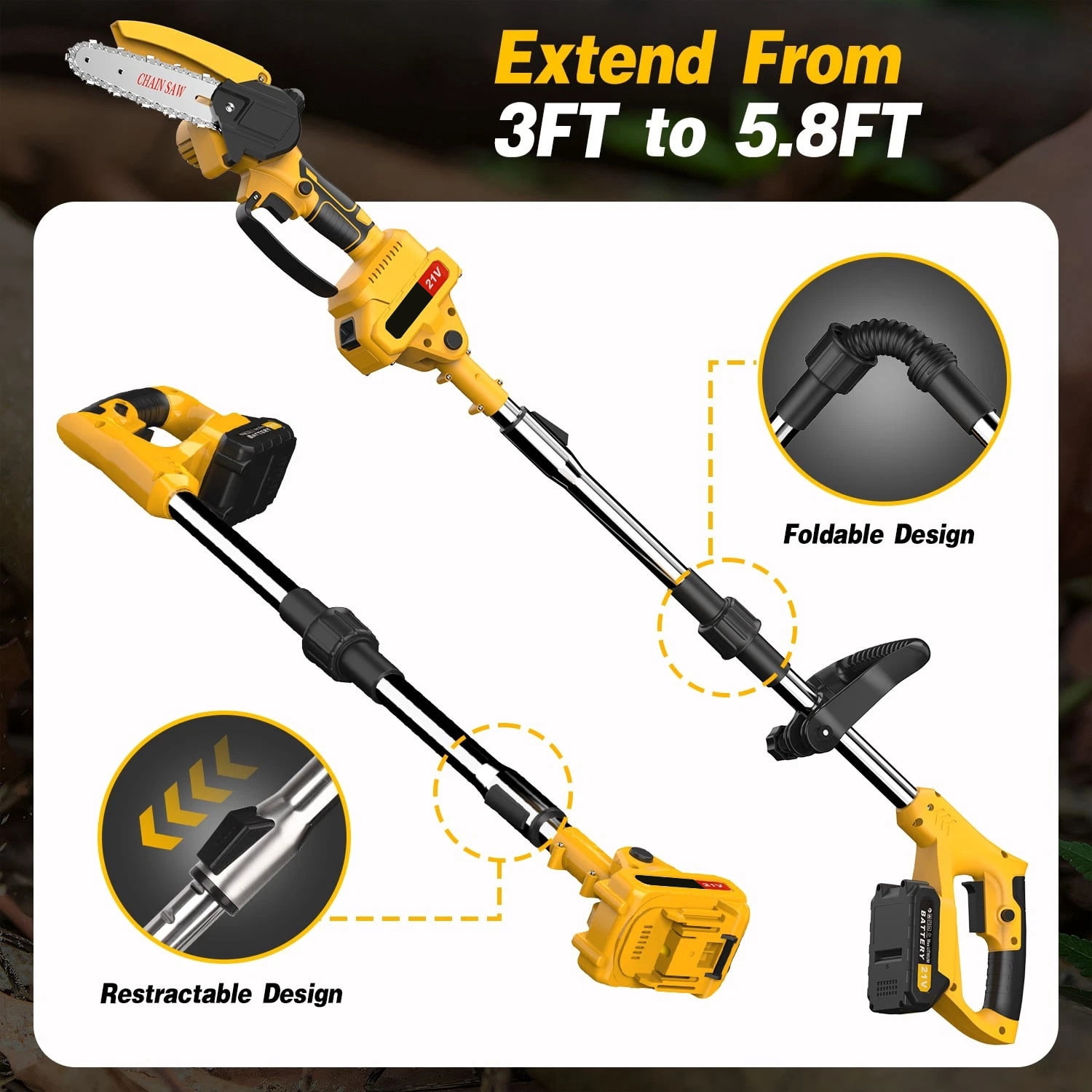 Cordless Pole Saw and Mini Chainsaw, 2-IN-1 Pole Chainsaw,Brushless Electric Pole Saw Battery Powered 4in/6in Chainsaw, 59 Inch Max Reach Tree Trimmer Pole Saw, Yellow
