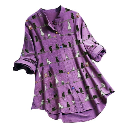 

Women Casual Cat Print Long Sleeve O-Neck Button Loose Shirt Top Blouse