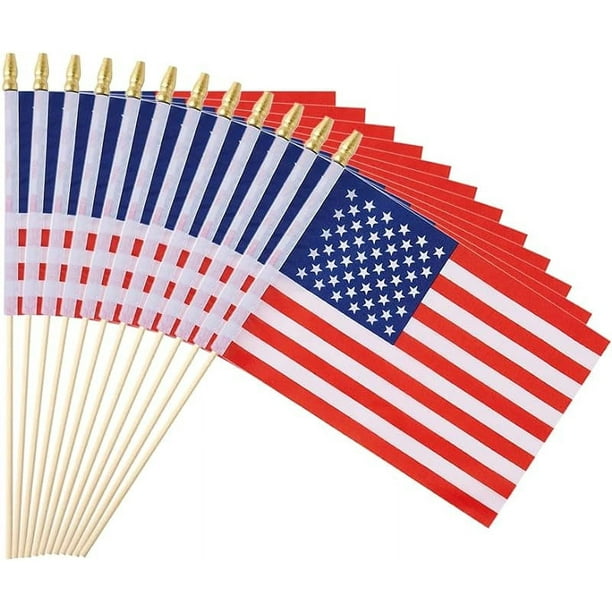 Paquete de 25 banderas pequeñas de Estados Unidos, mini banderas mexicanas de mano en palo, 6 x 8 pulgadas