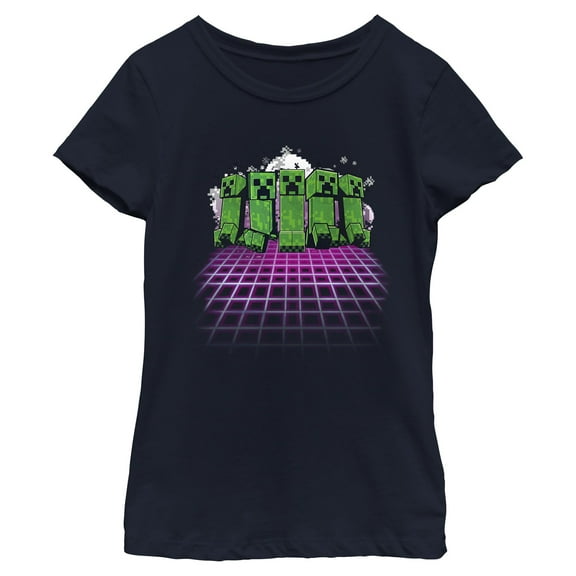 Girls Minecraft Creeper Holographic Grid Floor T Shirt