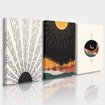 Boho Wall Art Set of 3,Framed Canvas Prints Gold Sun Rising on the Horizon Artworks Black Night Moon Art Forest Desert Wall Art Mid-Century Boho Sun Moon Wall Decor for Bedroom Beige 12"x16"