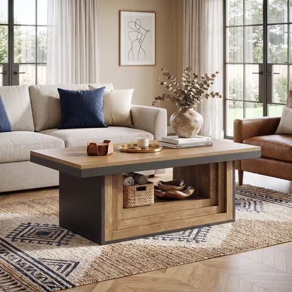 Fnova 47.24‑inch Wide Rectangular Coffee Table with Open‑storage Shelf, Sturdy Pedestal Base, Modern Farmhouse Living Room Furniture