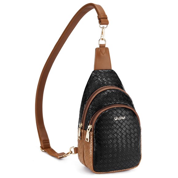 Mochila Telena, bandolera de piel tejida, negro y marrón