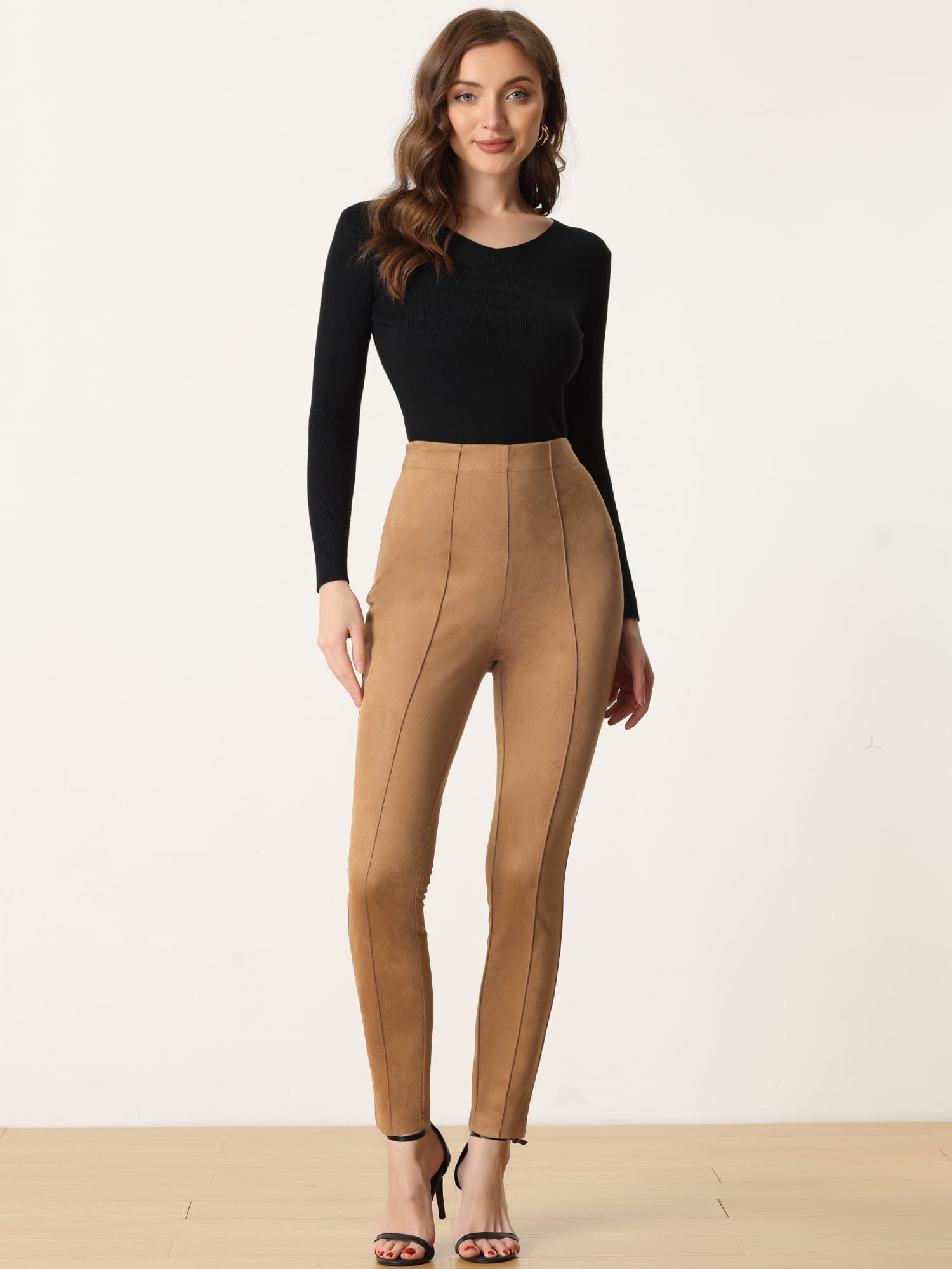 Unique Bargains Womens' Velvet Elastic Waist Side Zipper Narrow Leg Skinny Casual Pants L Brown