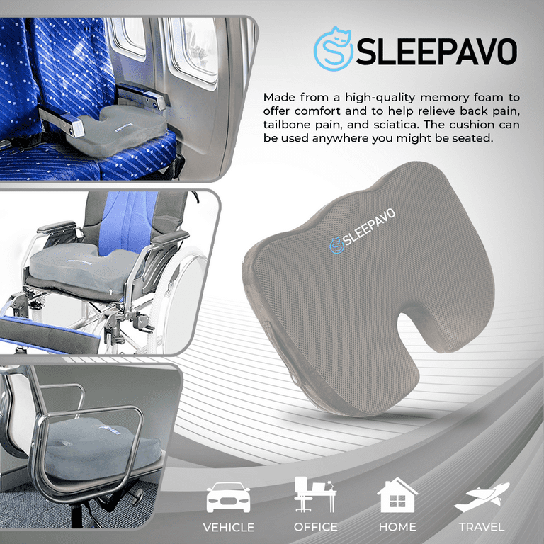 Sleepavo Gray Memory Foam Seat Cushion for Office Chair - Cooling Gel Pillow for Sciatica Coccyx Back Tailbone & Lower Back Pain Relief - Chair Pad