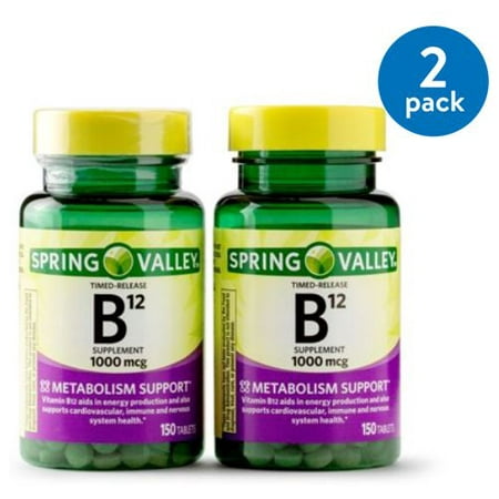 (2 Pack) Spring Valley Vitamin B12 Timed Release Tablets, 1000 mcg, 150 Ct, 4 Bottles (Best B12 Supplement Brand)