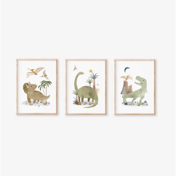 Nemo and Her Dinosaur Art Print Set of 3, Kids Wall Decor, Dinosaurs Included: Pterodactyl, Rex pair, Brontosaurus