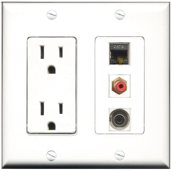RiteAV - 15 Amp Power Outlet 1 Port RCA Red 1 Port Shielded Cat6 Ethernet Ethernet 1 Port 3.5mm Decorative Wall Plate