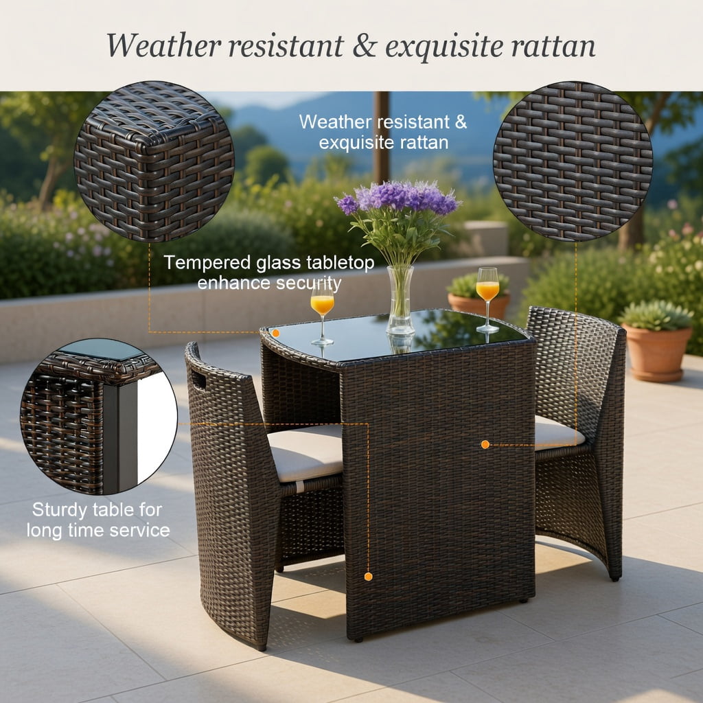 Hommoo 3-Piece Cushioned Wicker Bistro Set, PE Rattan Chairs & White Polyester Cushions, Patio, Porch, Poolside or Garden Furniture, Brown