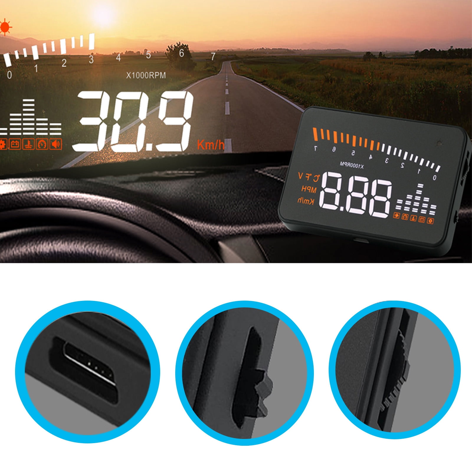 TUOBARR Car Head Up Display 3 Inches HUD Speedometer OBD2 Interface Speed  Engine Mileage Measurement Water Temperature