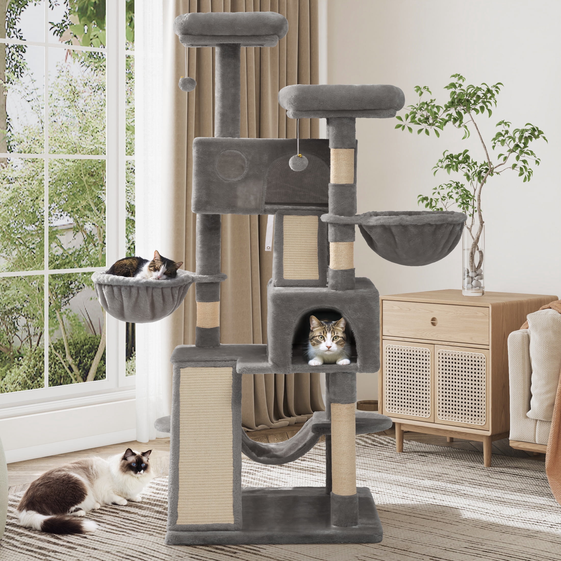 Sifurni 65.7" Large Cat Tree Tower Condo House for Cats with 2 Scratching Ramps, Hammock & Posts, Gray