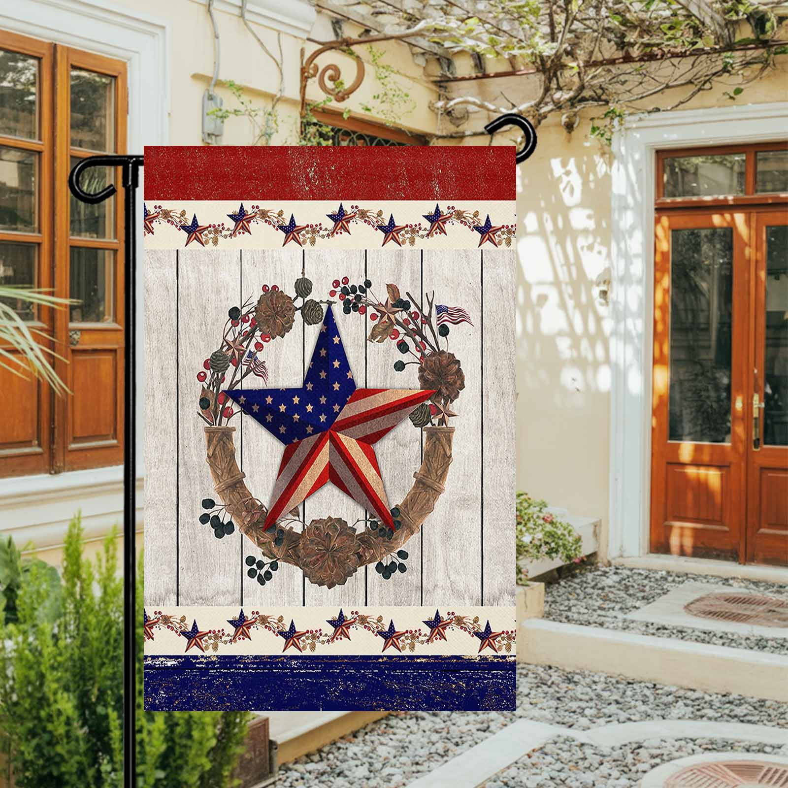 4th of July Garden Flags Texas Stars Wreath Garden Flag Double Sided Welcome Flag Patriotic Star on Rustic Wood Independence Day Yard Flags for Outdoor Lawn Porch Memorial Day Decor 28x40 Inch