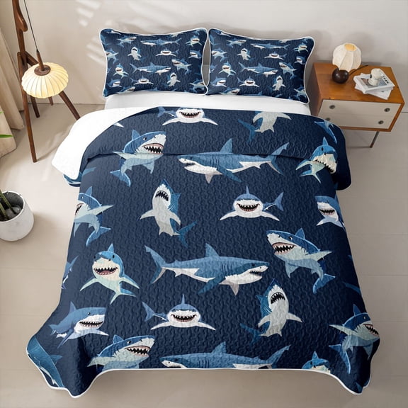 Manfei Cartoon Shark Twin Quilt Set for Boys and Girls, Funny Fish Twin Coverlet Set, 2-Piece