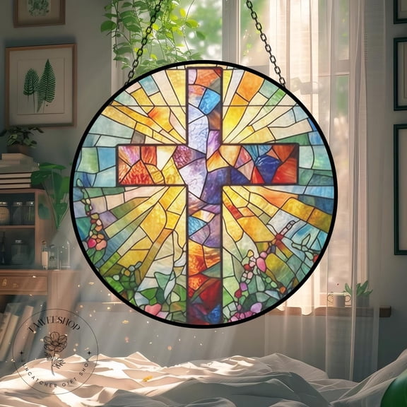 Colorful Crucifixion Stained Glass Suncatcher,creative Decorative Gift,elegant Window Hanging,glass Home Decor,cure Gift,mother's Day Gift