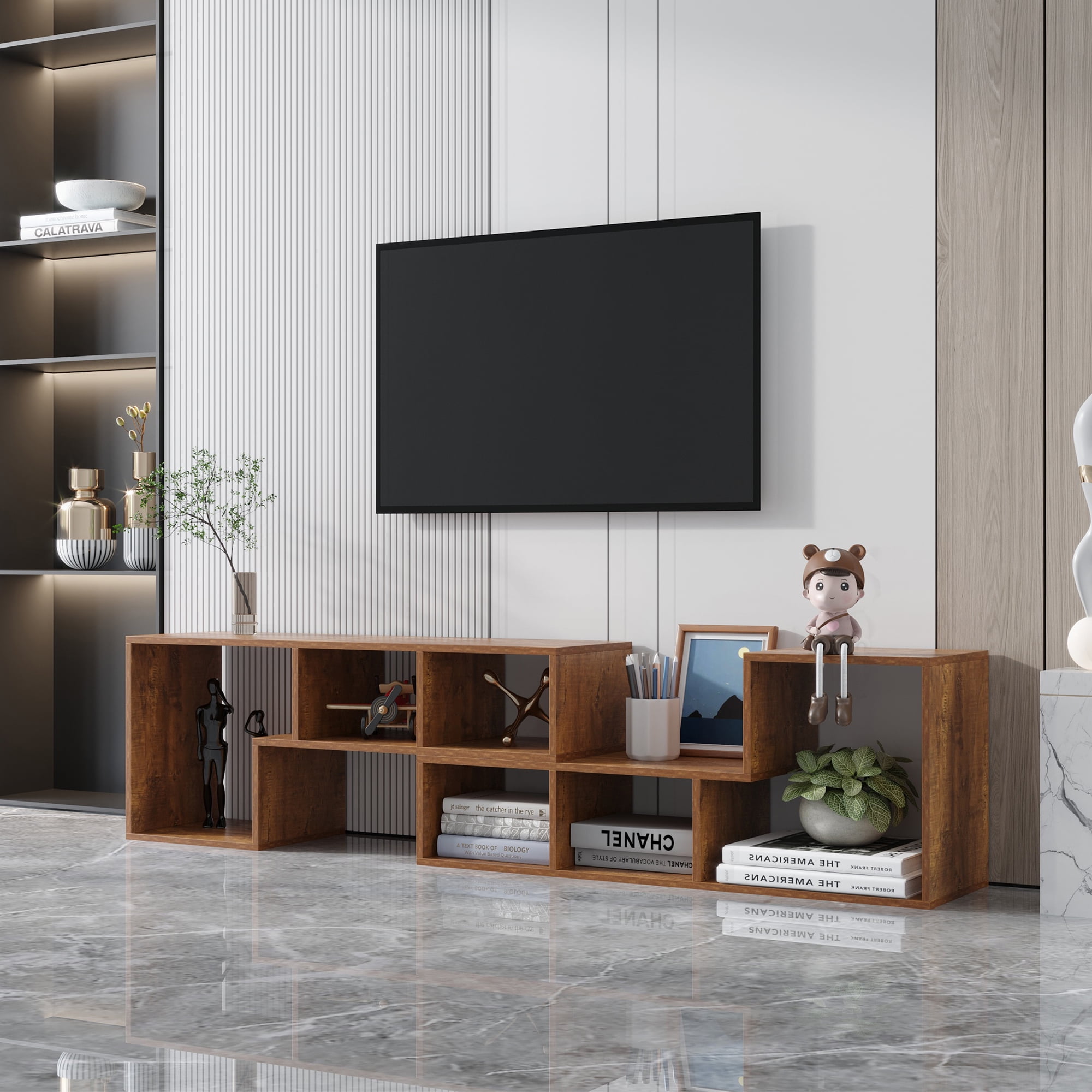 Yardi Yard Modern DIY Double L-shaped TV stand, Stackable Wood Bookcase Bookshelf for CDs/Books/Media Storage, Brown Yardi Yard Modern DIY Double L-shaped TV stand, Stackable Wood Bookcase Bookshelf for CDs/Books/Media Storage, Brown