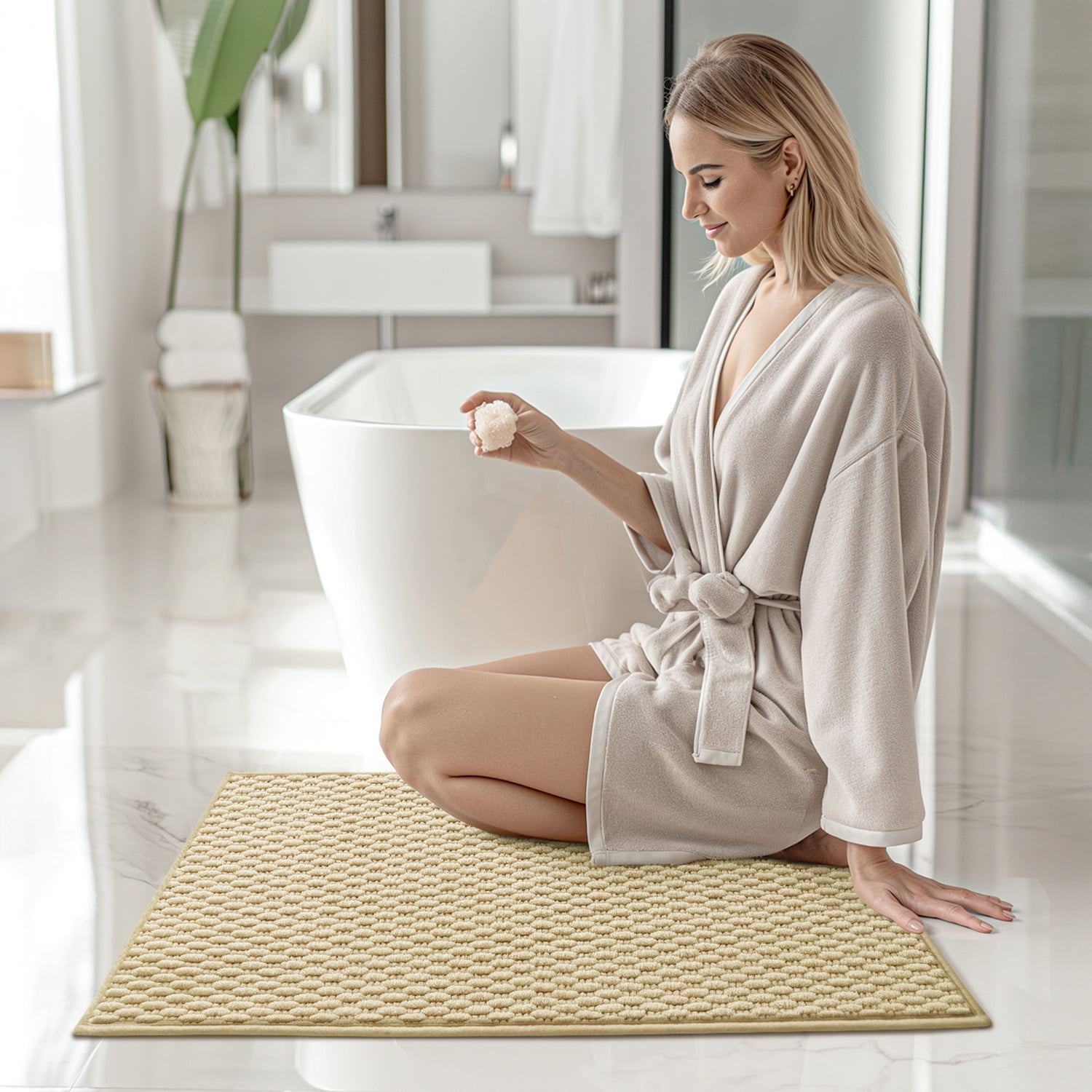PABUBE Soft Light Yellow Woven Chenille Bathroom Rug, 17"x29", Non-Slip and Absorbent Bath Mat for Bathroom Floor, Machine Washable, Quick Drying