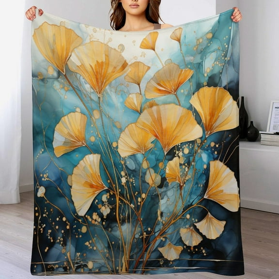 Flannel Blanket for Couch Ginko Leaves in Gold And Turquoise with Marble Winter Plush Fuzzy Warm Bed Blanket for Bed Sofa Couch Teal And Gold Ginkgo Leaf Throw Blanket for Adults And Kids 50"x60"