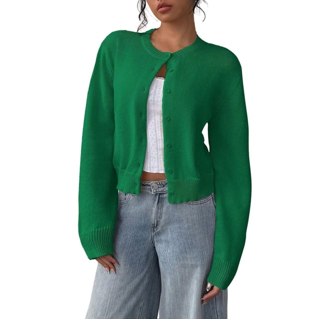 ManxiVoo Cardigan Court à Boutons pour Femme en Tricot Côtelé à Manches Longues Col Ras du Cou Haut de Maille Décontracté Taille TG Vert