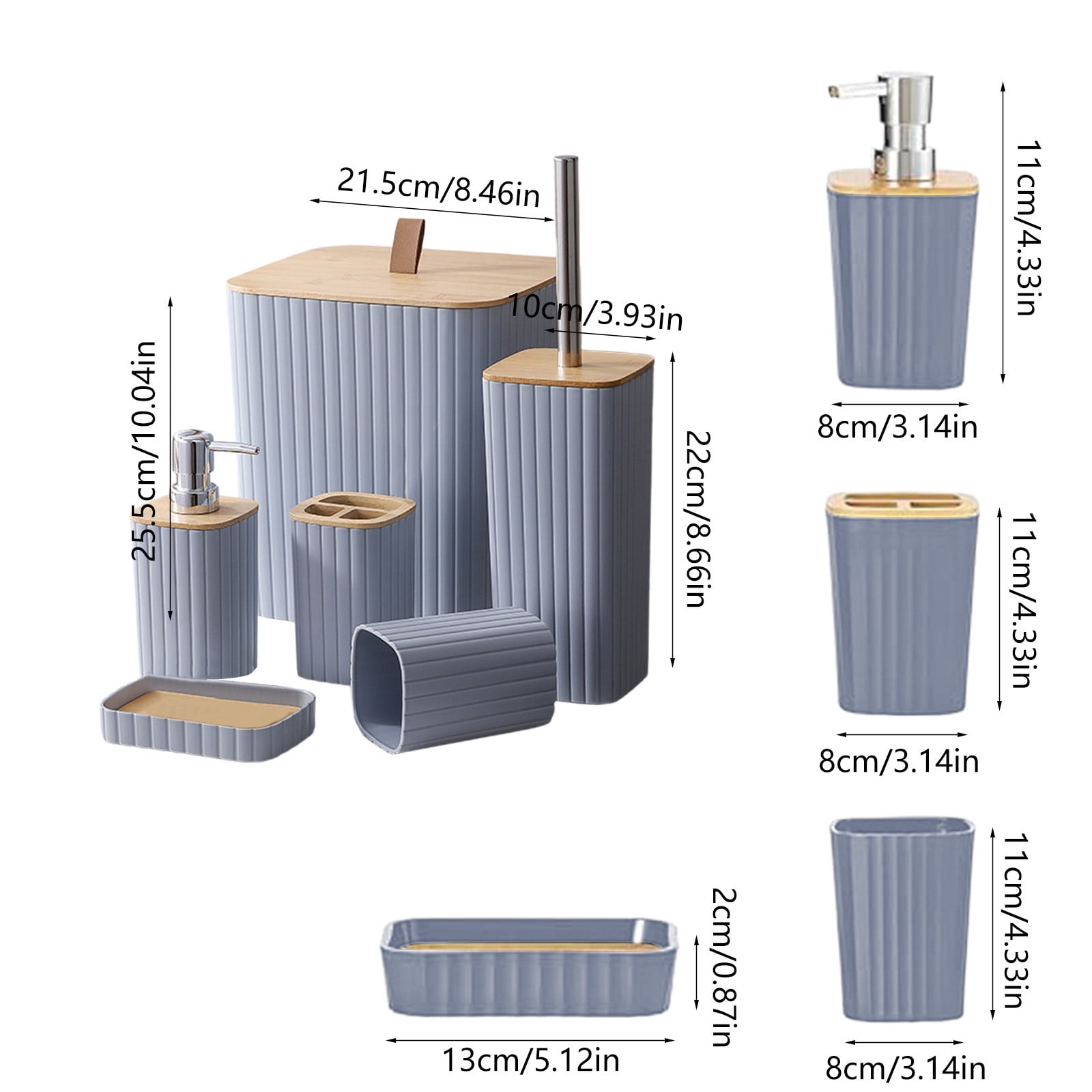 Blueek 6PC Bathroom Accessory Set, Plastic Bathroom Organizer with Toilet Brush, Trash Can, Soap Dispenser for Stylish Home(Gray)
