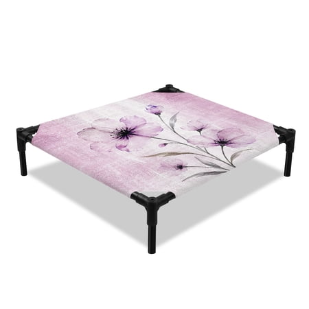 Whimsical Translucent Floral Elevated Dog Bed Shabby Chic Pink Flower Cooling Breathable Outdoor Raised Dog Cot Bed with Metal Frame Non-Slip Feet for Small Dog 20x20in