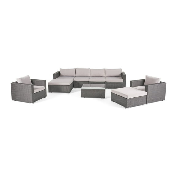 GDF Studio Cortez 9 Piece Outdoor Wicker Furniture Sectional Sofa Set, Grey and Silver